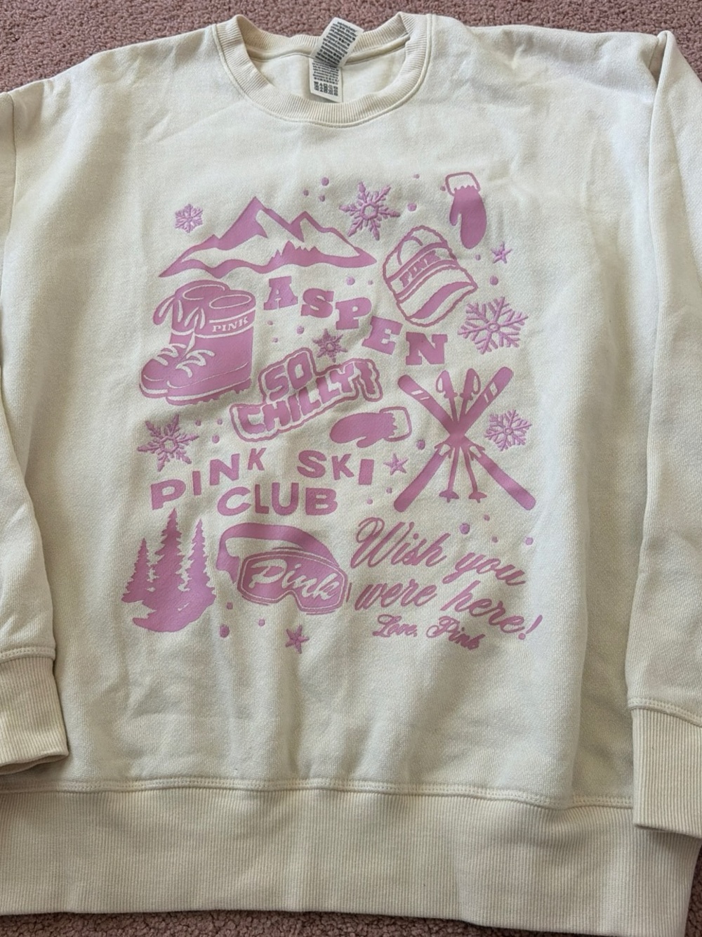PINK Victoria's Secret Cream Sweatshirt with Pink Aspen Ski Graphic